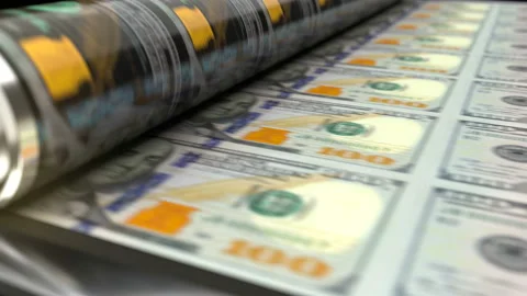 US dollars printing press machine prints 100 dollars banknotes. Seamless loop. Stock Footage