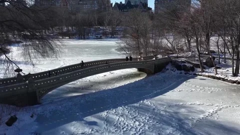 US: DRONE - Central park lake freezes amid extreme cold in New York City Stock Footage 328481630