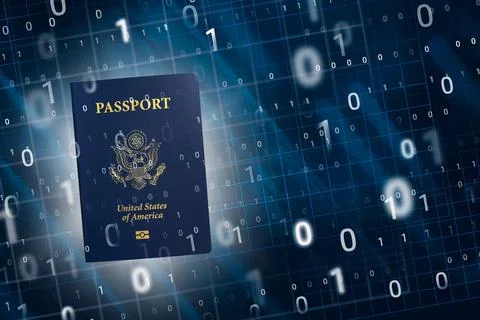 US e-passport with security chip and binary numbers, digital composite 库存照片