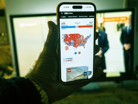 US Election Map on Smartphone Screen Stock Photos