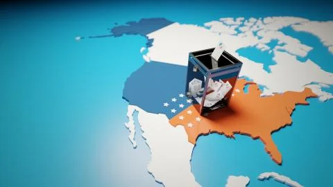 US elections, ballot box with voting envelope over a map of USA. Abstract con Ilustração Stock