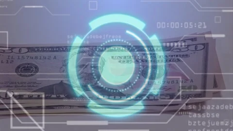 US fifty-dollar stack lying under teal HUD pulsing, hand entering, sliding bills Stock Footage 328685013