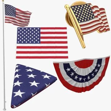 US flag 3 Poses Bunting and Pin Collection 3D Model
