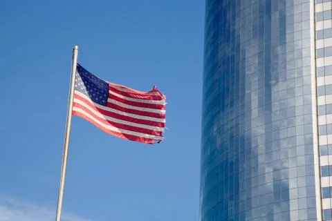 Us flag and skyscraper Stock Photos