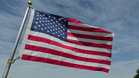 US Flag on Blue Sky Slow Speed Stock Footage 304636039