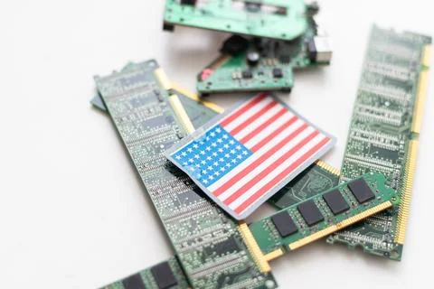 US flag on Computer Chips for Chip War Concept. USA Global chipmakers. Microchip Stock Photos