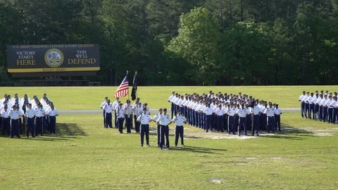 U.S. flag during cadets graduation at Fort Jackson Training Center 動画素材 93194880