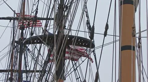 US Flag Flying in the Rigging Tall Ship Stock Footage 11022726