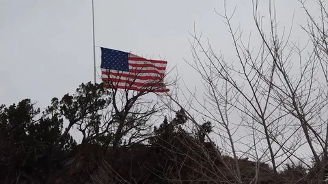 US Flag at Half Mast Behind Tree Silhouette Vídeo Stock 100656357