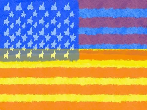 U.S. flag over Ukraine flag, illustration of flags, US and Ukraine together, US Stock Illustration