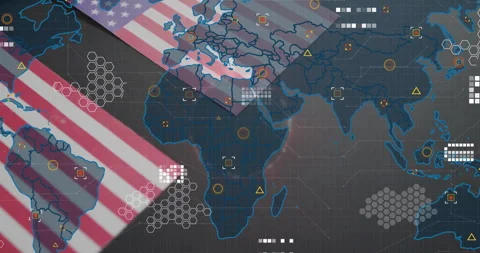 US flag panel appearing top-left sliding diagonally and rotating over world map Stock Footage 314533613