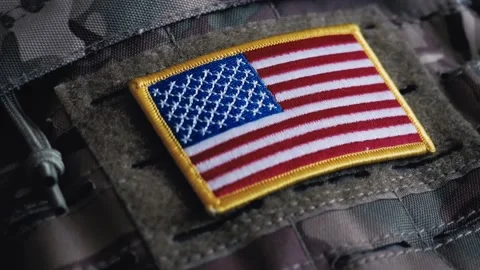 US flag patch on army equipment 스톡 동영상 210239173
