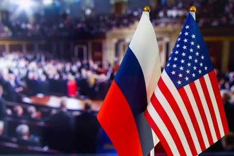 The US flag, Russian flag with copy space for text. Flag of USA, flag of Russia Stock Photos