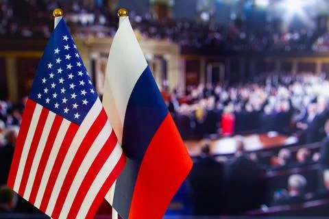 The US flag, Russian flag with copy space for text. Flag of USA, flag Stock Photos
