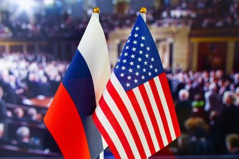 The US flag, Russian flag. Flag of USA, flag of Russia. The United States Stock Photos