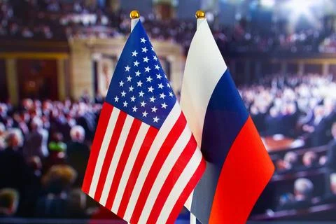 The US flag, Russian flag. Flag of USA, flag of Russia. The United States Stock Photos