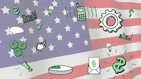 US flag starting icons appearing and animating, emphasizing finance data Stock Footage 333830022