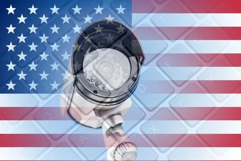 US flag surveillance camera and keyboard a US cyber intelligence concept Stock Photos