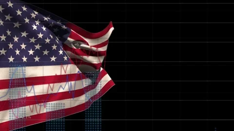 US flag waving on black grid while mid frames charts and percent emerging Stock Footage 335314427