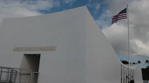 US Flag Waving over the USS Arizona Memorial, Pearl Harbor Stock Footage 67906409