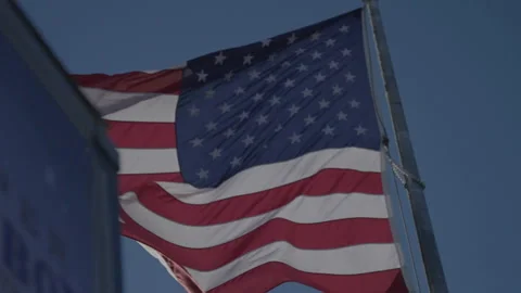 US flag waving with sunlight through, foreground element Vidéo 336671880