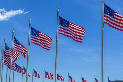 US flags against blue sky. Stock Photos