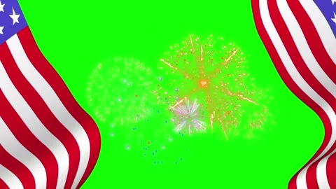 US flags with fireworks on green screen. American patriotic background for Video stock 340715699