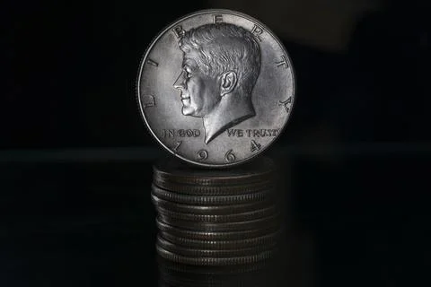 US Half Silver Dollar John Fitzgerald Kennedy 1964 Coin Stacks Black Backgrou Stock Photos