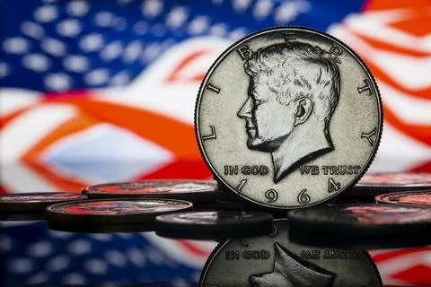 US Half Silver Dollar John Fitzgerald Kennedy 1964 American Flag Background M Stock Photos