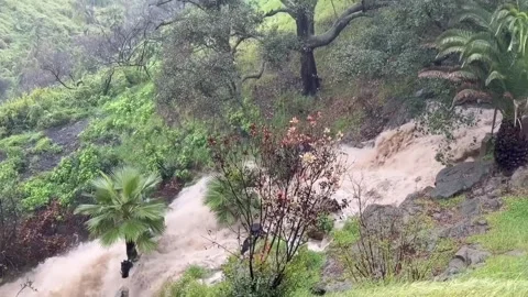 US: Heavy rain triggers mudslide in Palisades Hills, Los Angeles, Califor... Stock Footage 329122949