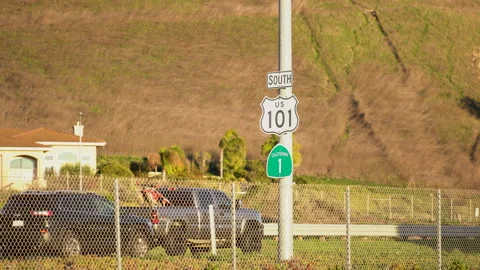 US Highway 101 shield sign, California Highway 1 sign, Pacific Coast Highway.  Video stock 168274150