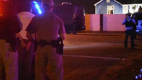 U.S. HSI officers apprehend a handcuffed suspect during a nighttime arrest. Stock Footage 300344872