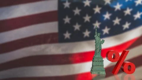 US Interest Rate Policy Concept with Statue and Percent 3d render. Stock Illustration
