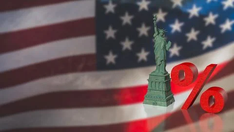 US Interest Rate Policy Concept with Statue and Percent 3d render. Stock Illustration