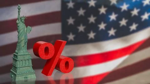 US Interest Rate Policy Concept with Statue and Percent 3d render. Stock Illustration