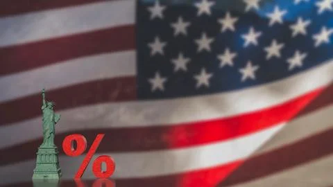 US Interest Rate Policy Concept with Statue and Percent 3d render. Stock Illustration