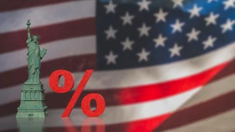 US Interest Rate Policy Concept with Statue and Percent 3d render. Stock Illustration