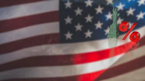 US Interest Rate Policy Concept with Statue and Percent 3d render. Stock Illustration