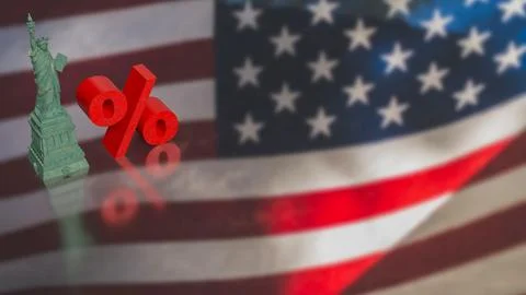 US Interest Rate Policy Concept with Statue and Percent 3d render. Stock Illustration