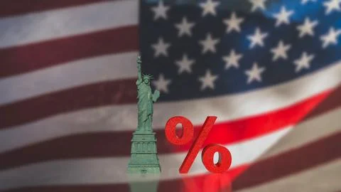 US Interest Rate Policy Concept with Statue and Percent 3d render. Stock Illustration