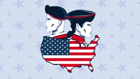 US map outline with american flag texture and two male patriots facing away.. 動画素材 338315943