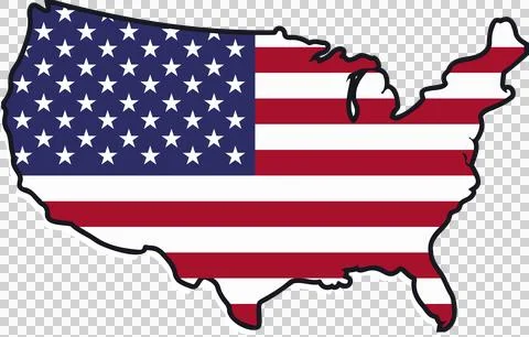 US map silhouette is showing flag stripes and star field in flat design on Stock Illustration