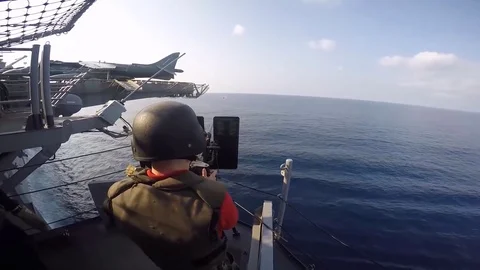US Marine fires a heavy machine gun, US Navy Combat Ship Stock Footage 120968034