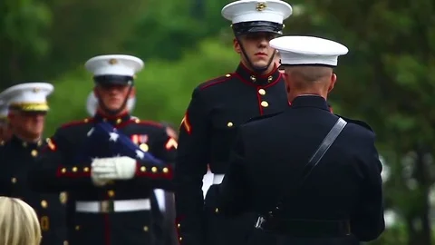 U.S. Marine honor guard leads a funeral for a fallen soldier. Stock Footage