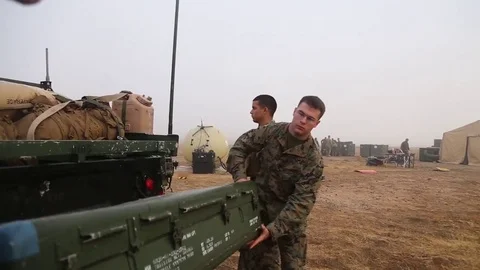 US Marine unloading cargo from lorry at Camp Pendleton Stock Footage 81784173