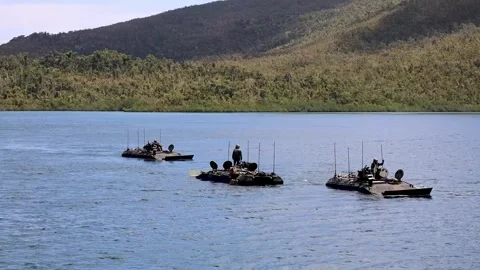 U.S. Marines ACV's grouped together during waterborne live-fire exercise Stock Footage 274537037