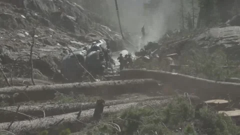 U.S. Marines attaching chains to to recover downed MH-60S Seahawk in forest Stock Footage 254474788