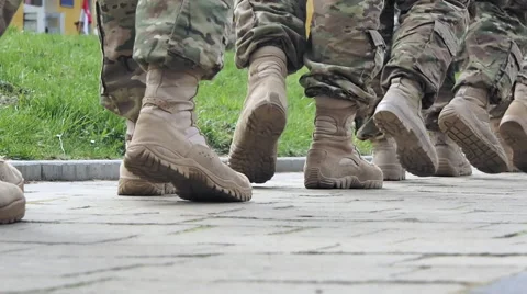 US Marines boots marching to the barracks Stock Footage