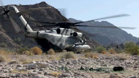 U.S. Marines CH-53 Super Stallion helicopter ground running in desert Stock Footage 254168774