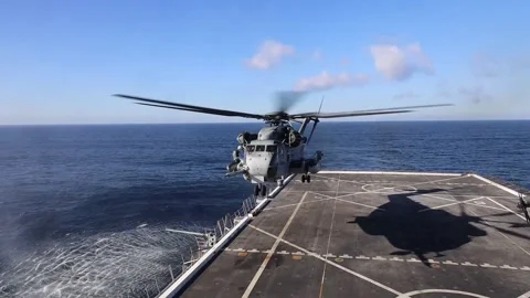 U.S. Marines CH-53 Super Stallion departs USS Somerset LPD-25 Stock Footage 261512750